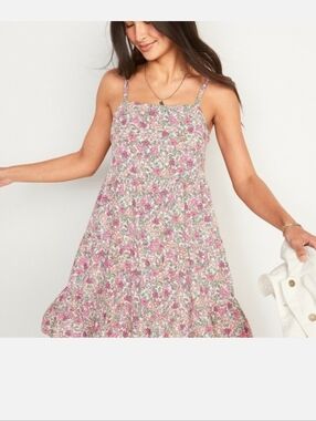 Old Navy Pink Floral Tiered Mini Dress M Sleeveless Flowy Pocket Dress